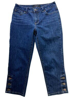 Nine West Women's Mid Rise Capri Jeans Button Hem Denim Size 6 Blue Dark Wash